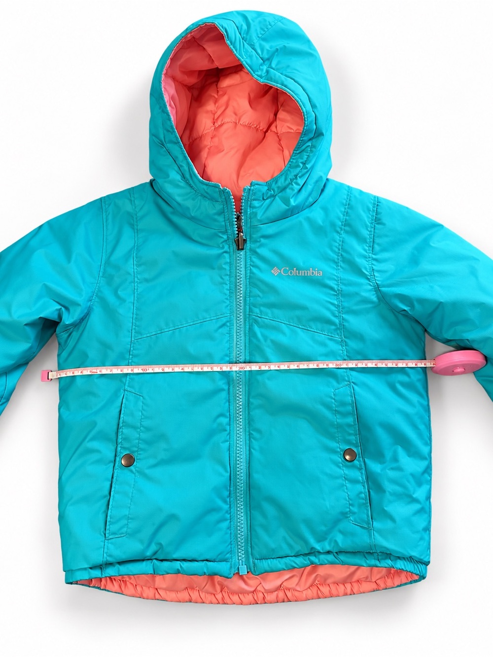 Columbia Turquoise Hooded Jacket with Coral Lining